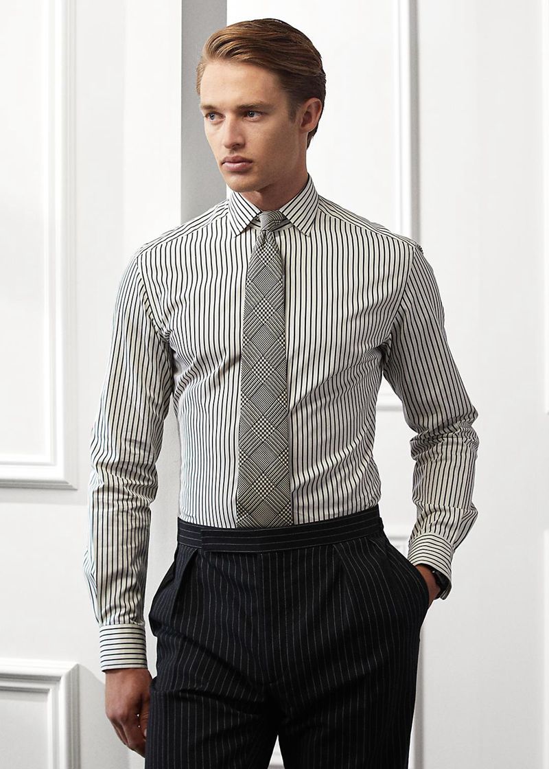 Koszula Purple Label Męska Czarne W Paski Poplin 803172-CNV
